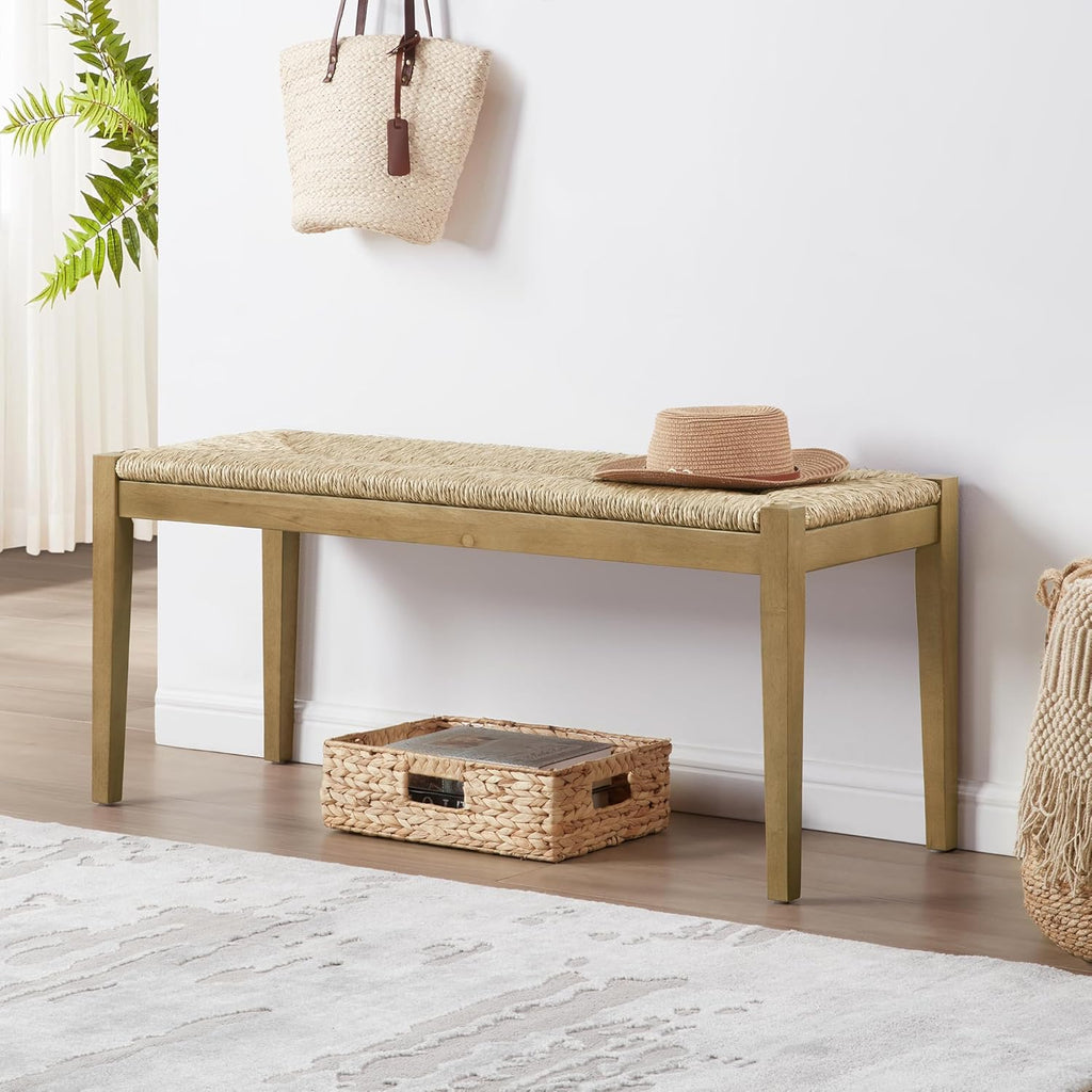DUHOME Solid Wood Seagrass Bench with Natural Woven Seat, Boho Bench Entryway, Wood Rattan Dining Bench for Living Room,Dining Room Porch Lawn Garden Yard or Entryway,Natural
