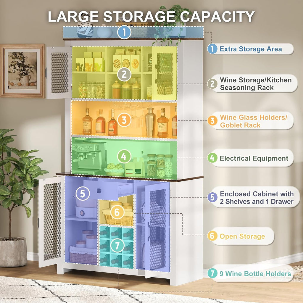 SOFTSEA Kitchen Pantry Cabinet with Built-in Power & USB Outlets, Kitchen Storage Cupboard with Doors, Wine Rack and Shelves, Rustic Buffet Cabinet with LED Light, 47.1x11.8x70.9 Inch, White