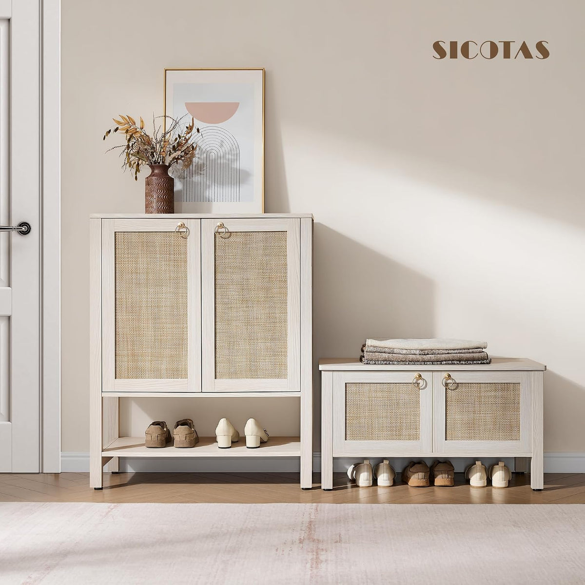 SICOTAS Rattan Shoe Rack Bench with Lift Top Storage: White Farmhouse Boho Shoe Cabinet Entryway Bench with Safety Hinges, Wooden Storage Chest for Bedroom, Entryway, Hallway, Living Room