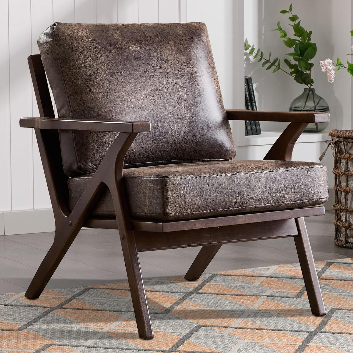 INZOY Mid-Century Modern Accent Chair with Wood Frame, PU Leather Living Room Chair and Soft Thick Padded Armchair for Living Room Bedroom Reception with Removable Upholstered Cushions, Dark Grey
