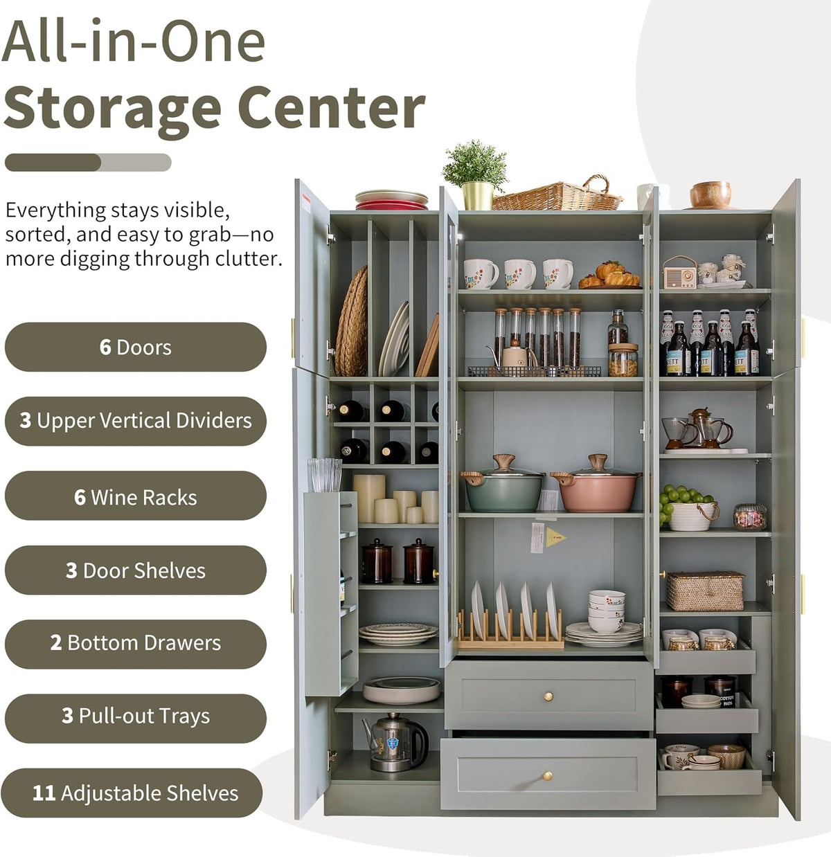 71" H Large Kitchen Pantry with 6 Doors, 53.2" L x 17.7" W Wooden Cupboard with Drawers, Pull-Out Trays, Wine Rack and Adjustable Shelves for Dining Room, Gray-Green