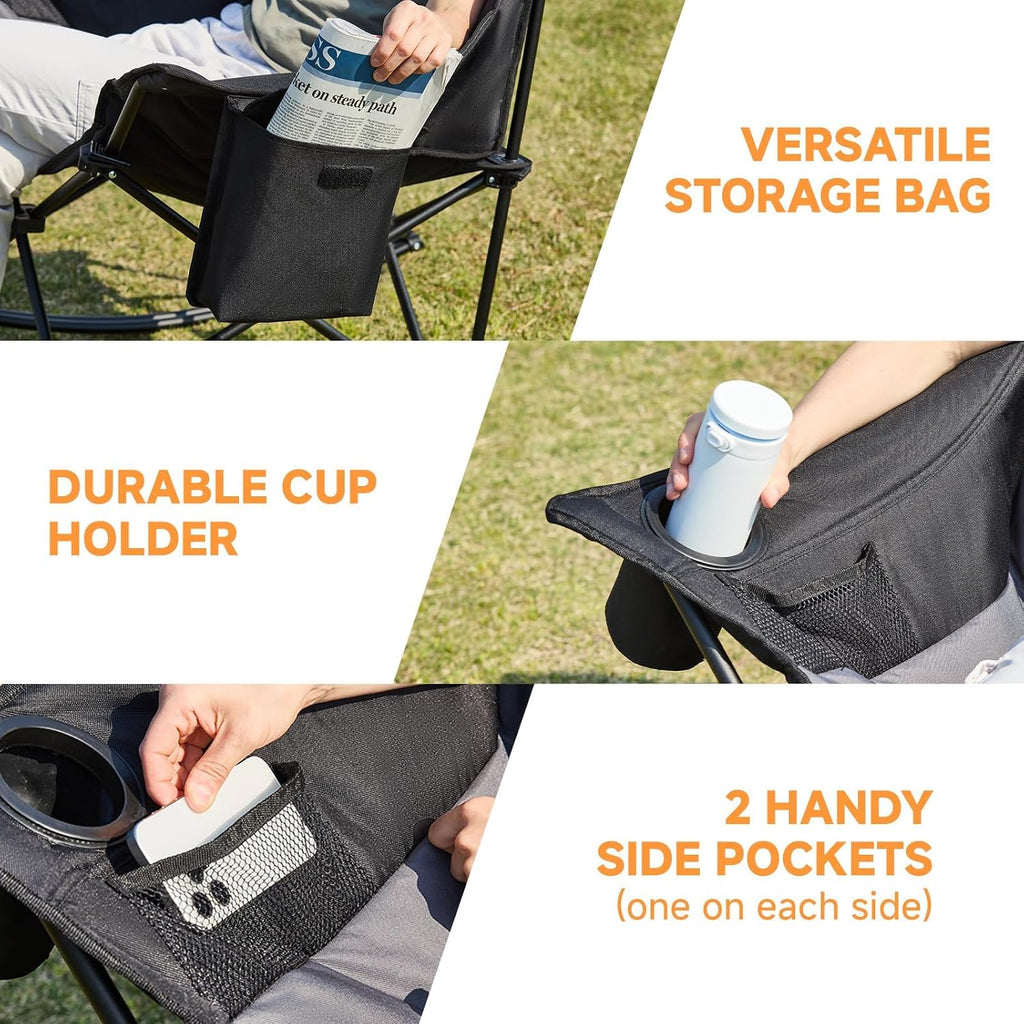 Youtanic Oversized Folding Rocking Camping Chair, Padded Portable Rocking Chair with Pockets, Cup Holder and Carry Bag, Heavy Duty Outdoor Rocker Patio Chair for Garden, Lawn, Yard, Up to 400lbs, Gray