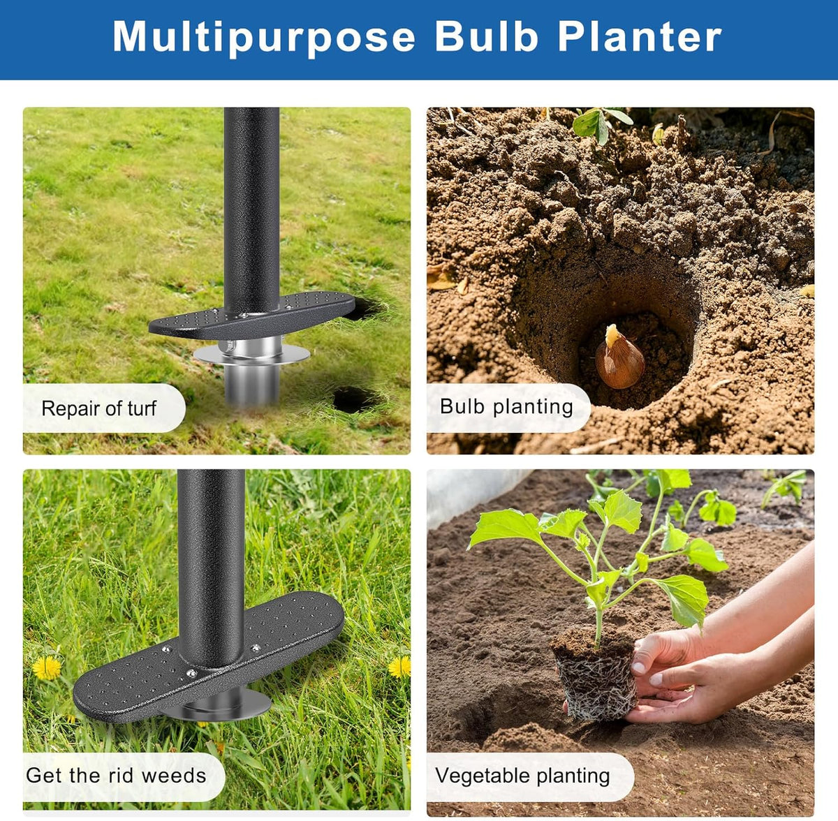 BeneLabel Garden Bulb Planter Tool with Adjustable Digging Depth from 3 to 6 Inch Grass Plugger Tool with Long Handle Bulb Transplanter Tool for Digging, Planting, Grass Repair