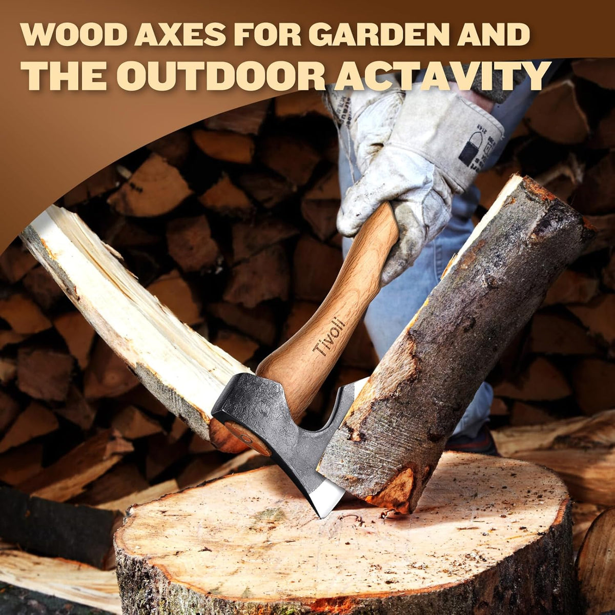 Tivoli 15 Inch Camping Axes and Hatchets, Bushcraft Axe for Wood Splitting and Kindling,Hand Forged Carbon Steel Chopping Axes Ash Wood Handle with Sheath for Camping and Survival