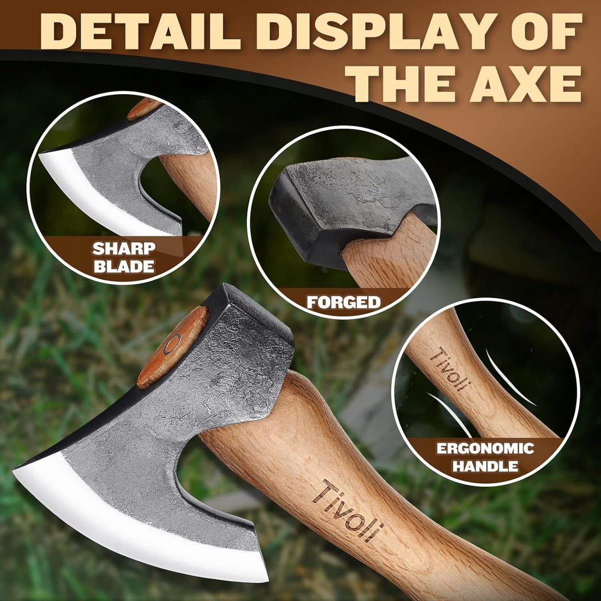 Tivoli 15 Inch Camping Axes and Hatchets, Bushcraft Axe for Wood Splitting and Kindling,Hand Forged Carbon Steel Chopping Axes Ash Wood Handle with Sheath for Camping and Survival