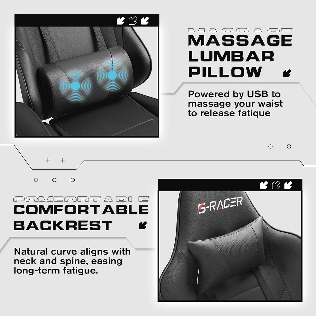 Homall Gaming Chairs, Computer Chair with Footrest and Massage Lumbar Support, Height Adjustable Game Chair with Headrest and Swivel Seat (Black)