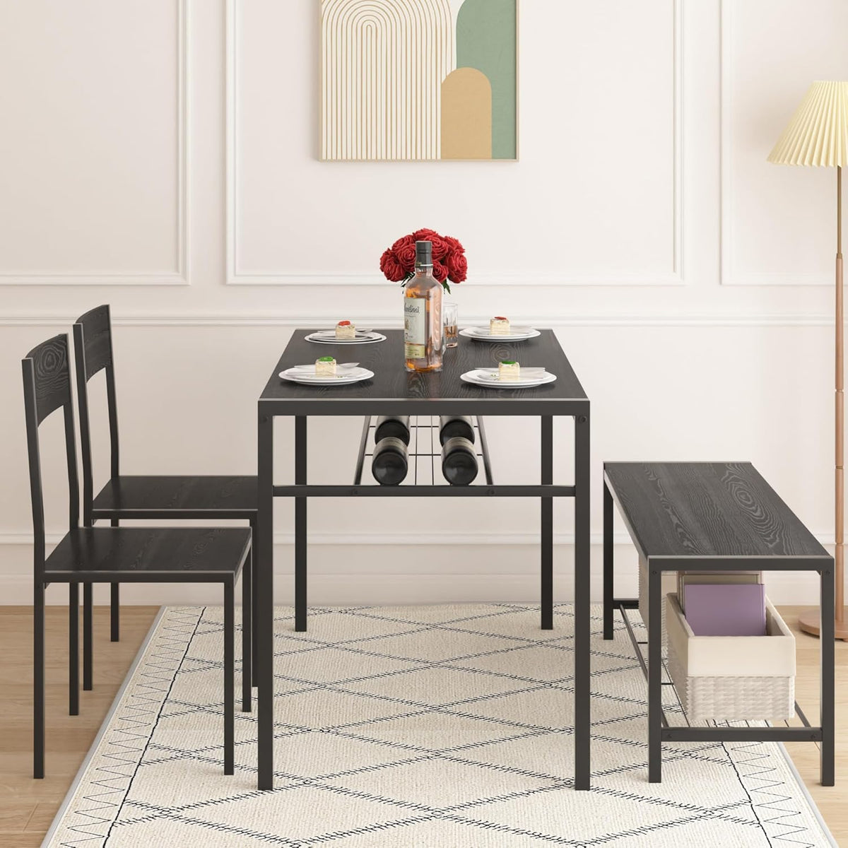 VECELO Kitchen Dining Room Table with 2 Chairs & Bench, Compact Space-Saving Design, Easy Assembly Steel Frame, Perfect for Small Apartments & Breakfast Nooks，Industrial