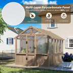 6x10 FT Green House for Outdoor, 6MM Thick Polycarbonate Panel Wooden Walk-in Greenhouse Kit with Lockable Door and Adjustable Roof Vent, Backyard Garden, Light Mocha Brown