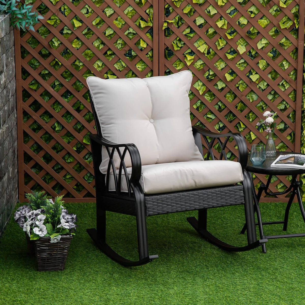 Outsunny Outdoor Wicker Rocking Chair with Padded Cushions, Aluminum Furniture Rattan Porch Rocker Chair w/Armrest for Garden, Patio, and Backyard, Khaki