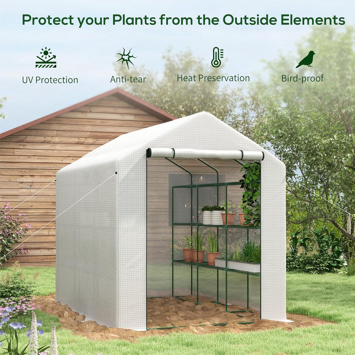 Outsunny 8' x 6' x 7' Walk-in Greenhouse, PE Cover, 4-Tier Shelves, Steel Frame Hot House, Roll-Up Zipper Door for Flowers, Vegetables, Saplings, Tropical Plants, White