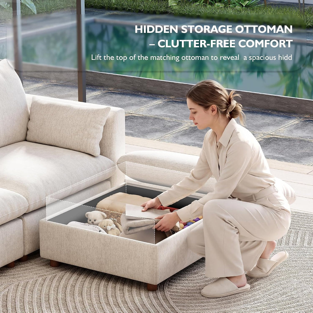 Ihanherry 152" Oversized Modular Sectional Sofa, Modern U Shaped Cloud Couch with 2 Storage Ottoman, 6-Seat Comfy Chenille Deep Seat Sofa with 2 Pillows for Living Room, Beige