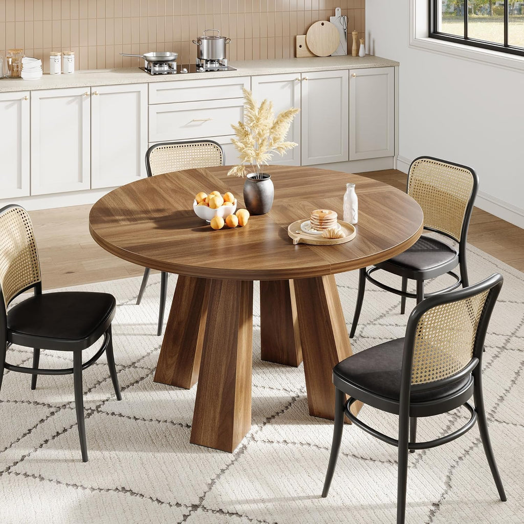 IDEALHOUSE 47" Round Dining Table for 4-6, Wood Kitchen Table with Sturdy Base, Farmhouse Circle Dinner Table for Dining Room, Living Room, 4 Strong Legs, Walnut