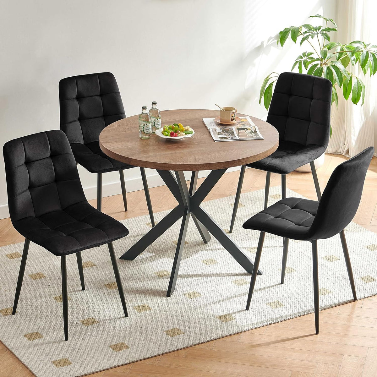 Homedot 37-Inch Round Kitchen Dining Room Table Set for 4, Modern Mid-Century Brown Dining Table with Black Velvet Chairs Set, Small Dining Set for Restaurant/Dining Hall
