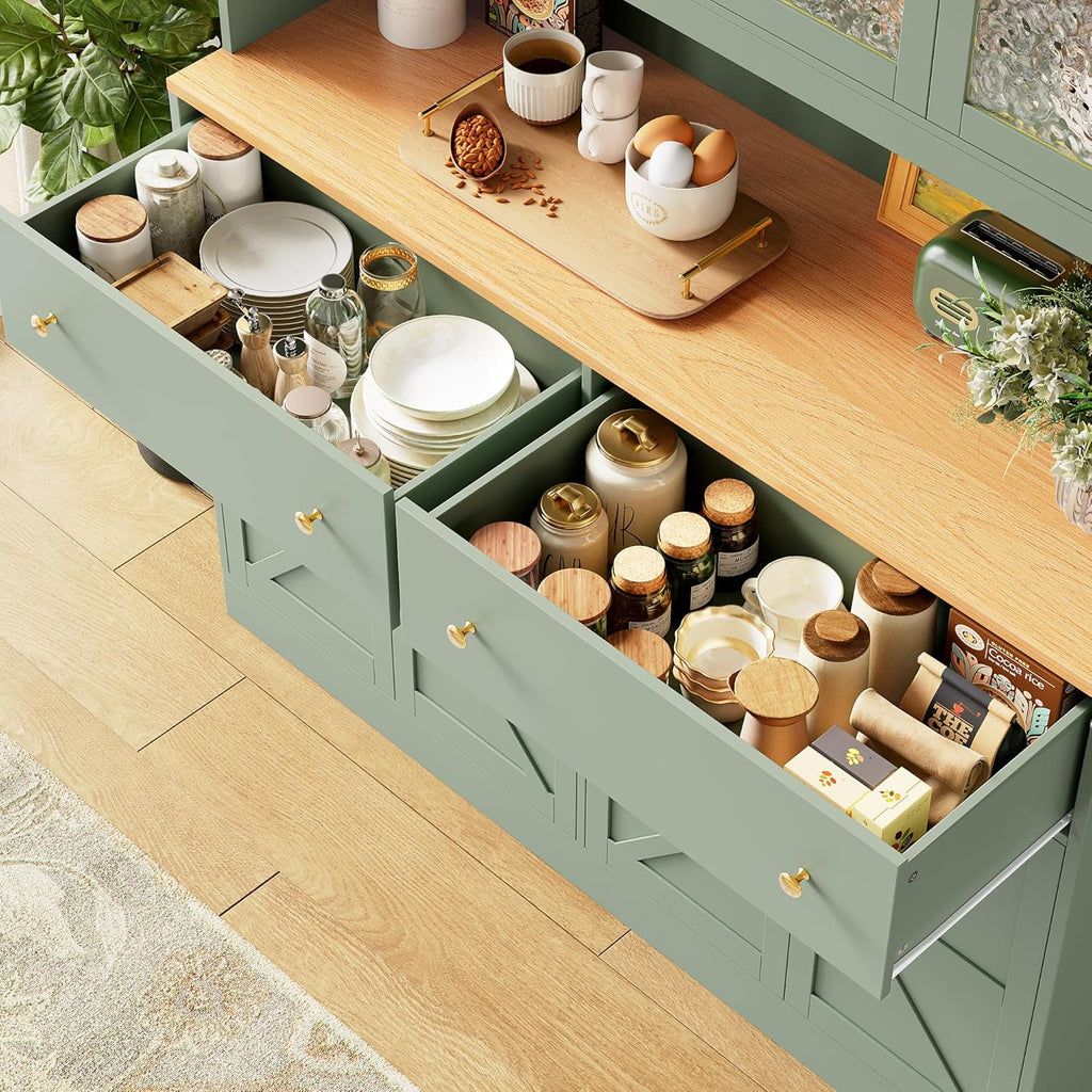 FINETONES 71" Pantry Cabinet with LED Light and Charging Station, Farmhouse Kitchen Pantry Cabinet with Microwave Stand, 47.2" Wide Kitchen Hutch Food Pantry with Open Countertop, Green