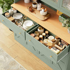 FINETONES 71" Pantry Cabinet with LED Light and Charging Station, Farmhouse Kitchen Pantry Cabinet with Microwave Stand, 47.2" Wide Kitchen Hutch Food Pantry with Open Countertop, Green