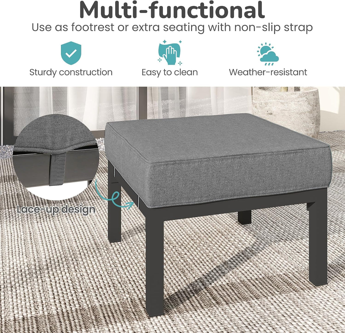 Wisteria Lane Outdoor Footstools Patio Ottoman Set of 2, Aluminum All-Weather Outdoor Footrest Seat with Removable Cushions, Patio Furniture Ottomans for Garden, Backyard, Poolside-Gray