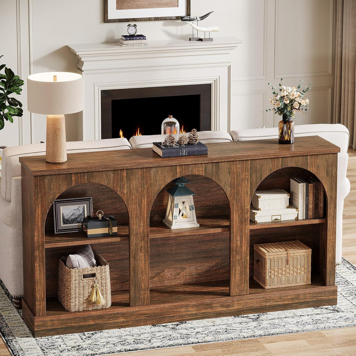 Tribesigns Farmhouse Console Table, 63-Inch Long 3 Tier Entryway Table with Storage, Wooden Rectangular Sofa Table Behind The Couch for Entrance, Hallway, Living Room, Dark Brown