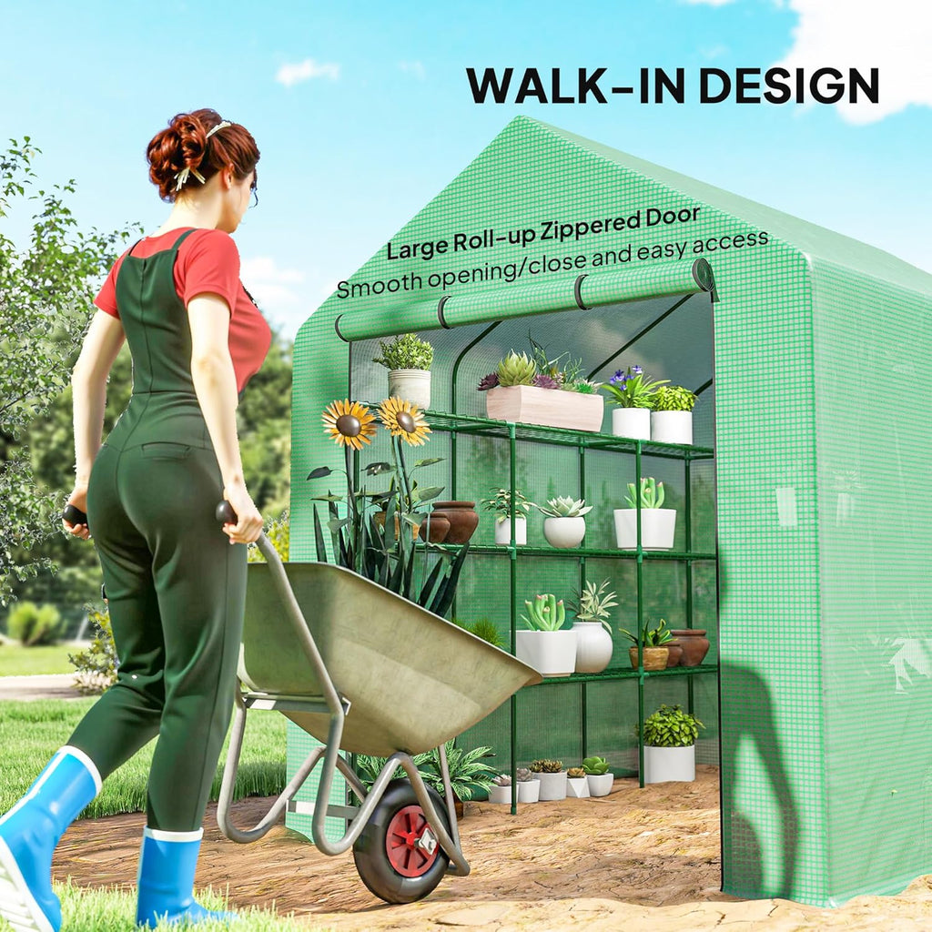 Outsunny 8' x 6' x 7' Walk-in Greenhouse, PE Cover, 4-Tier Shelves, Steel Frame Hot House, Roll-Up Zipper Door for Flowers, Vegetables, Saplings, Tropical Plants, Green