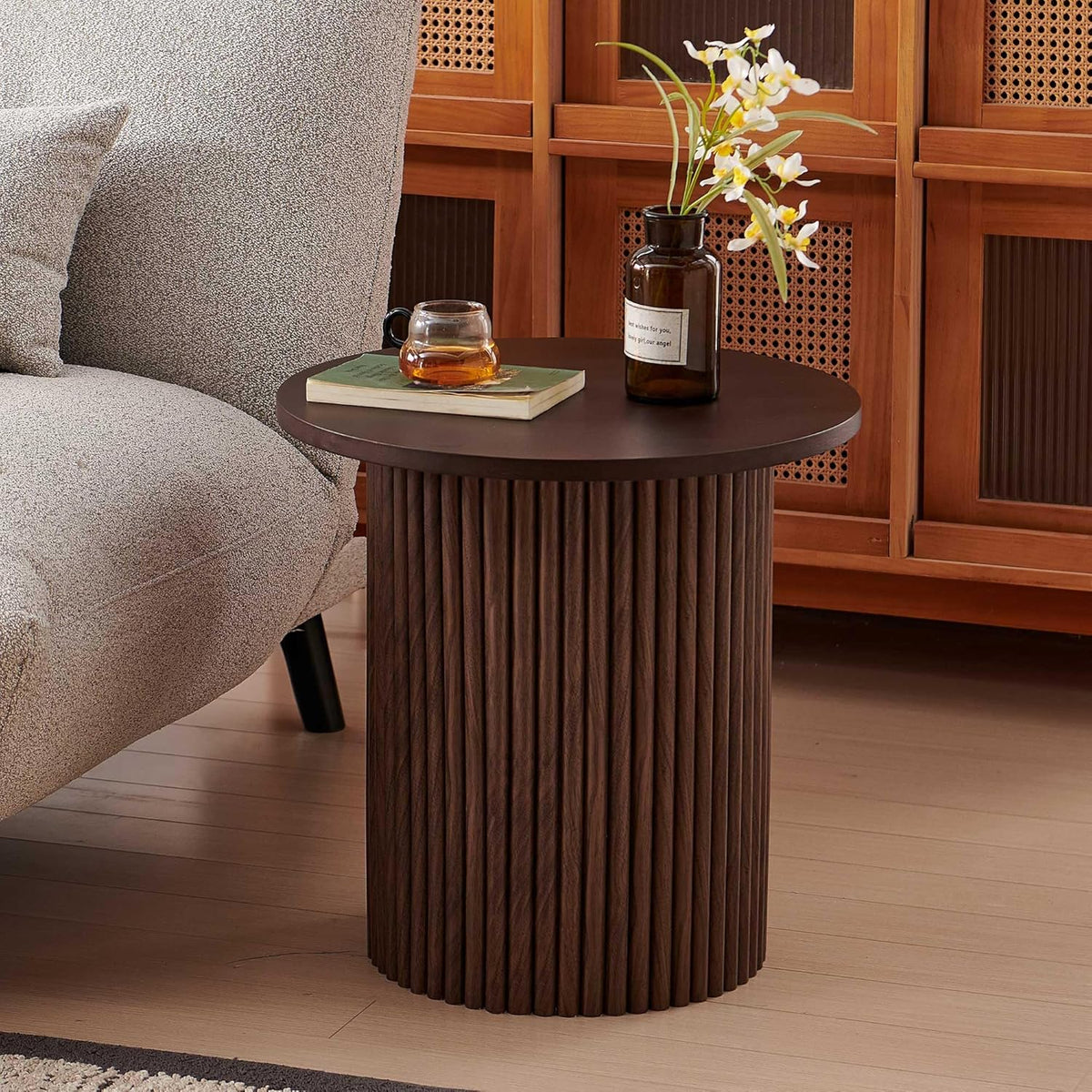 19 Inch Round End Table, Small Accent Pedestal Side Table, Wood Bedside Table for Living Room, Bedroom, Walnut Wood Veneer