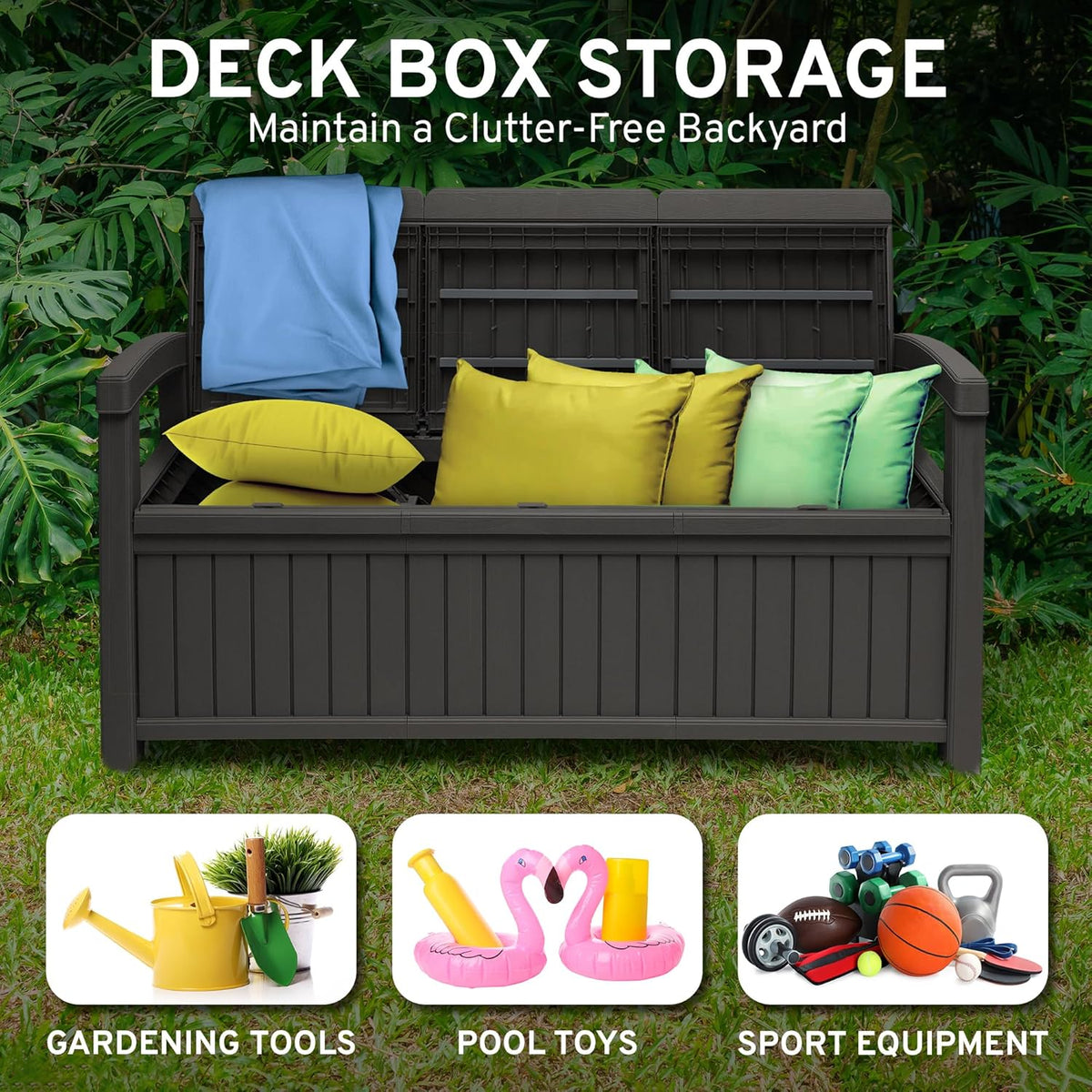 EconoHome 3 Seat Outdoor Storage Bench with Rain Cover - 90 Gallon Capacity - Weatherproof Resin Bench for Patio, Porch, Garden, Yard, Pool Area - Furniture for Pool Accessories, Gardening Tools