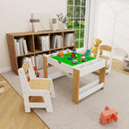 GDFStudio Kids 2-in-1 Activity Table & 2 Chairs Set LEGO-Compatible Play Table with Whiteboard Top, Storage Compartments & Canvas Drawer Chairs, Wooden Learning Desk Furniture for Playroom, White