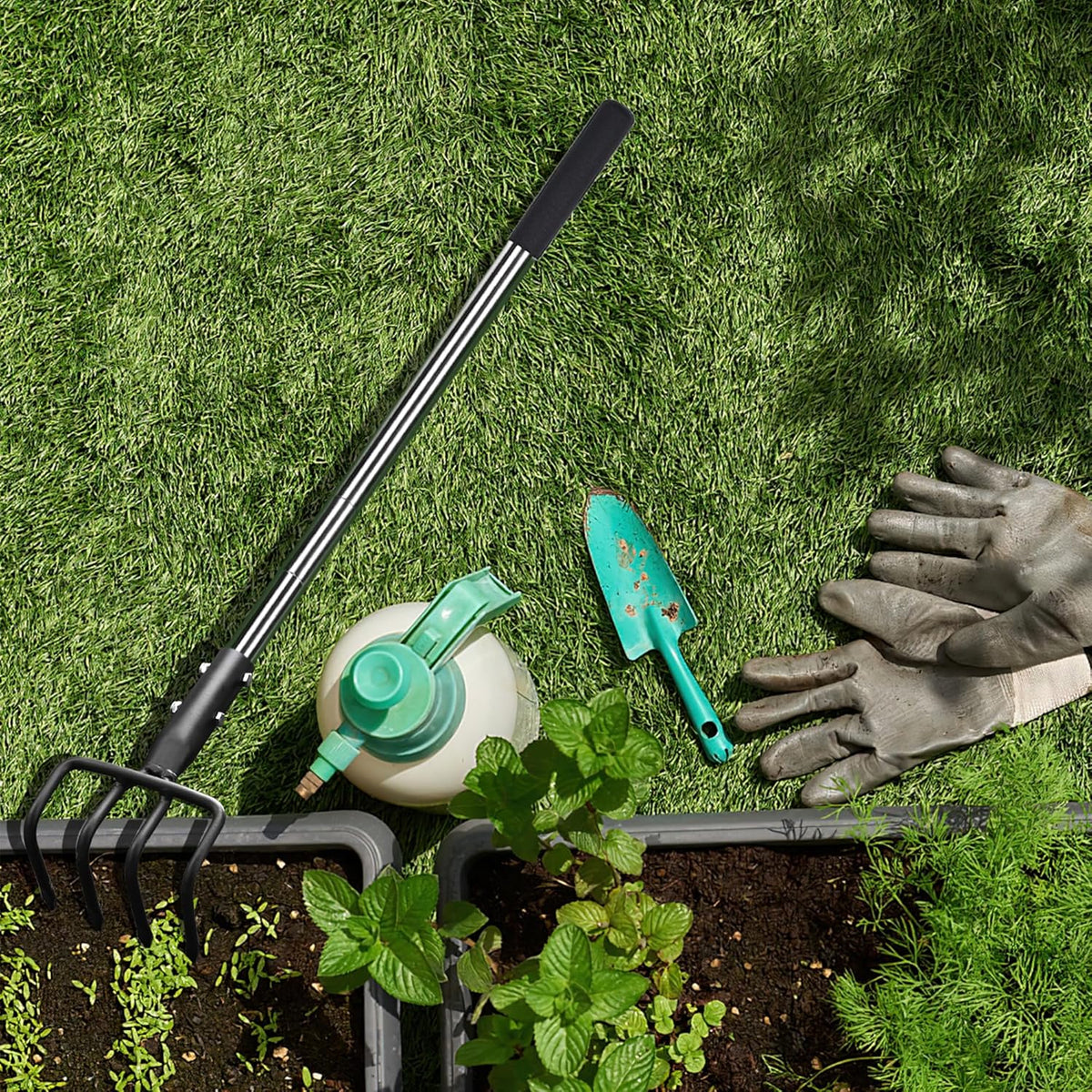 Long Hand Cultivator, Carbon Steel & Stainless Steel Tiller Cultivator, Garden Cultivator with Telescopic Handle and Soft Handle Cover, Hand Tiller for Digging Loosening Weeding