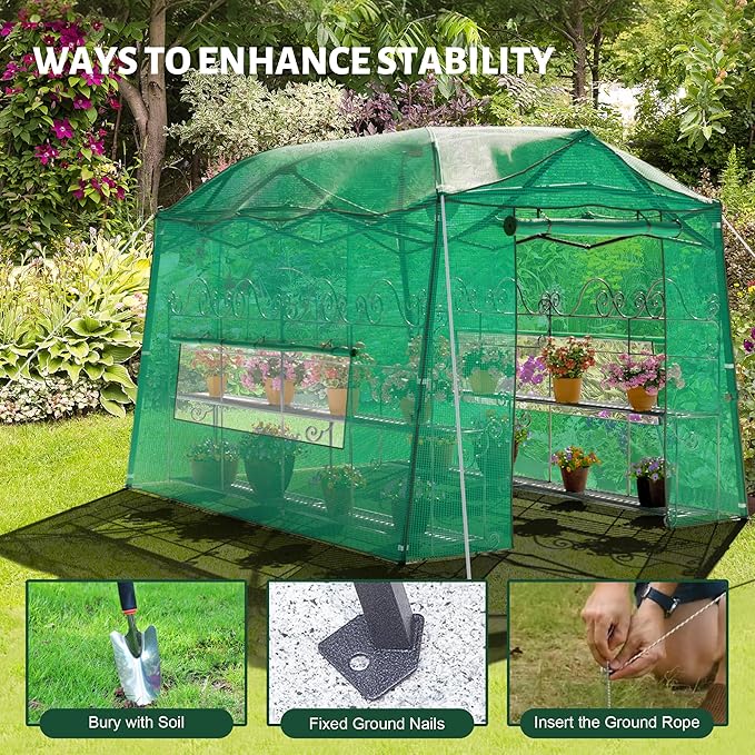 8.5 x 7 FT Walk-in Greenhouse, Portable Pop-up Green House 3 Adjustable Hights Heavy Duty Plant Gardening Canopy with Durable PE Cover for Indoor Outdoor (Clear and Green)
