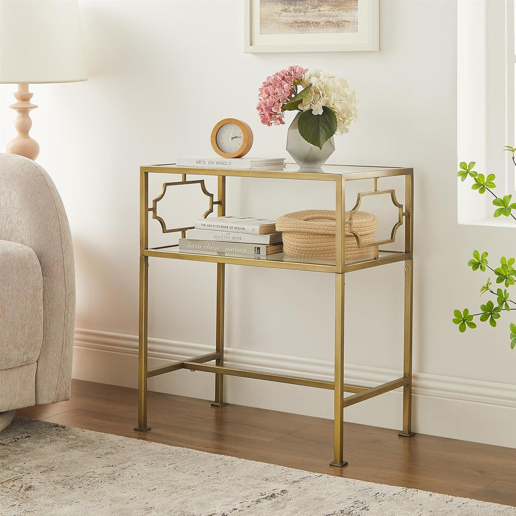 Gretna Rectangular Antique Gold Metal and Glass Accent Table