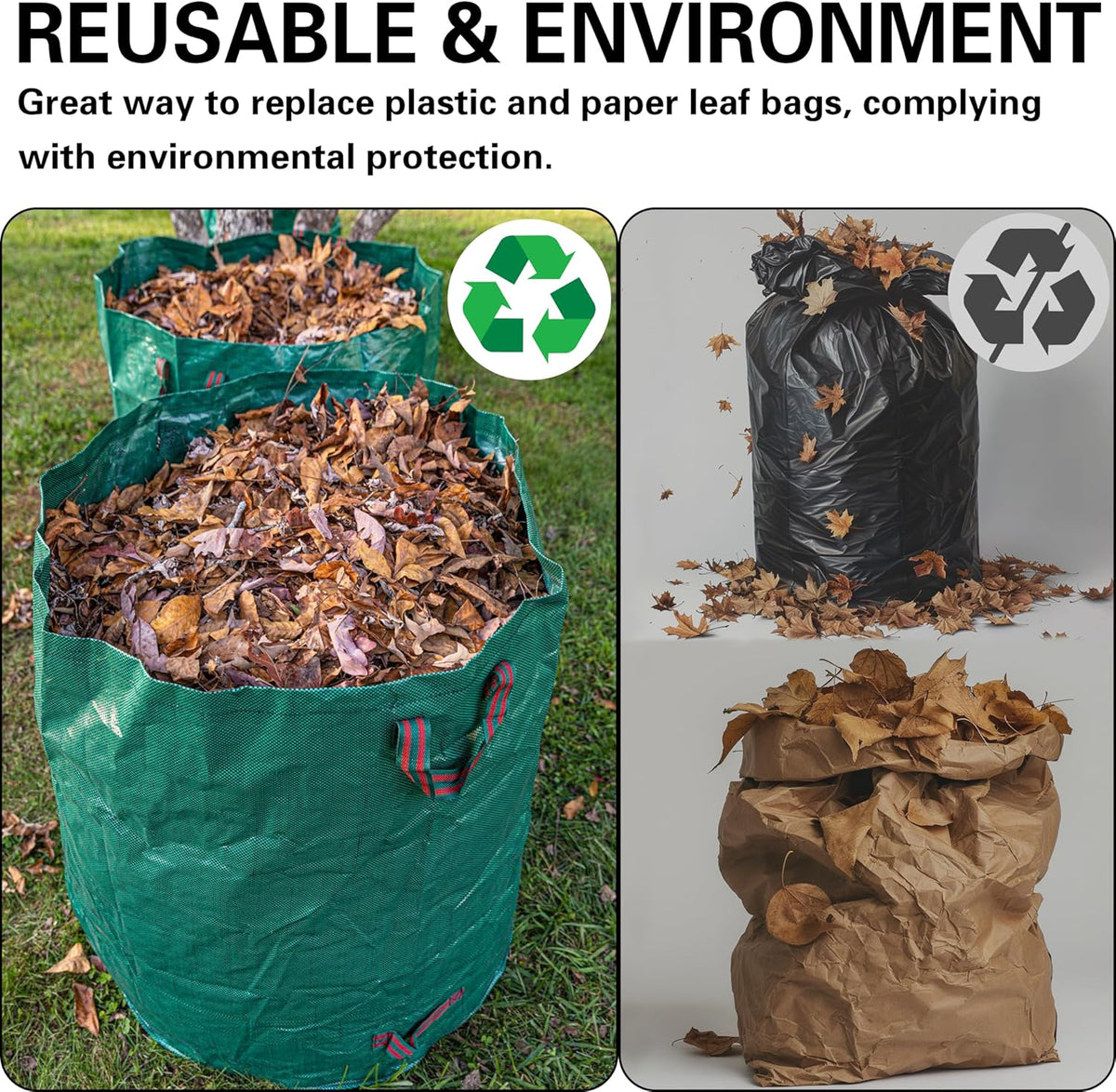 Gardzen 3-Pack 80 Gallon Yard Waste Bags, Reusable Heavy Duty Collapsible Garden Leaf Bags with Plastic Ring, Stand-Up Yard Waste Bin for Leaves, Lawn Debris & Grass Clippings