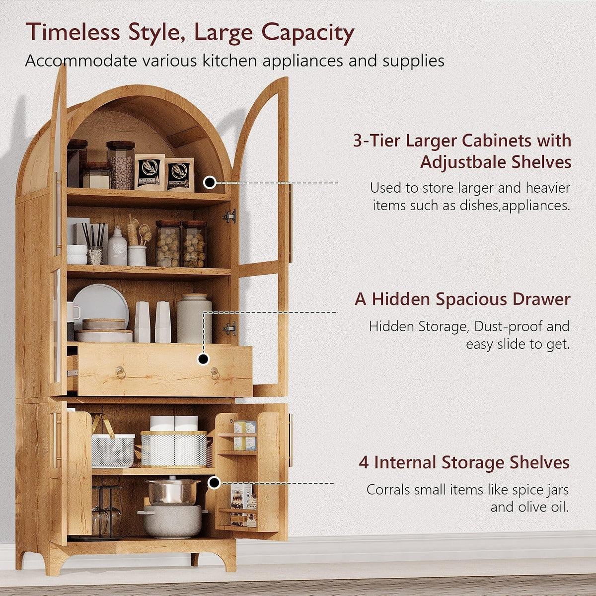 71" Tall Arched Kitchen Pantry Cabinet, Farmhouse Freestanding Storage Cupboard with Glass Door, Open & Adjustable Shelves, Door Shelves and Hidden Drawer,Cabinet for Kitchen Dining Room,Natural