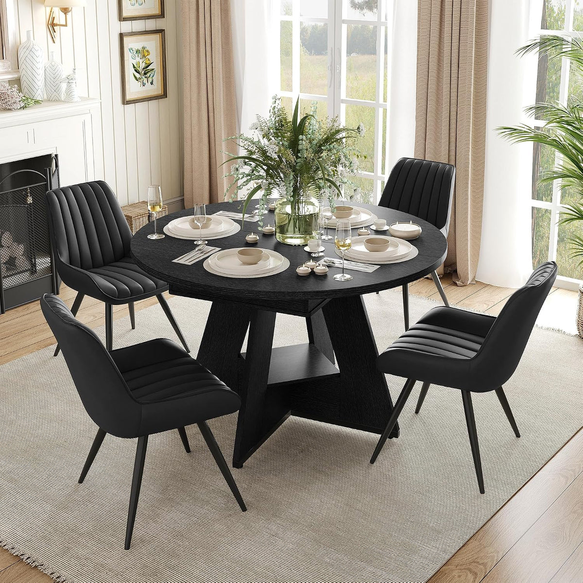 Miereirl Extendable Dining Table Set for 4-6, 47.24"-63" Round to Oval Dining Table Set with Upholstered Chairs, Hidden Storage Shelf, Kitchen & Dining Room Furniture for Apartment