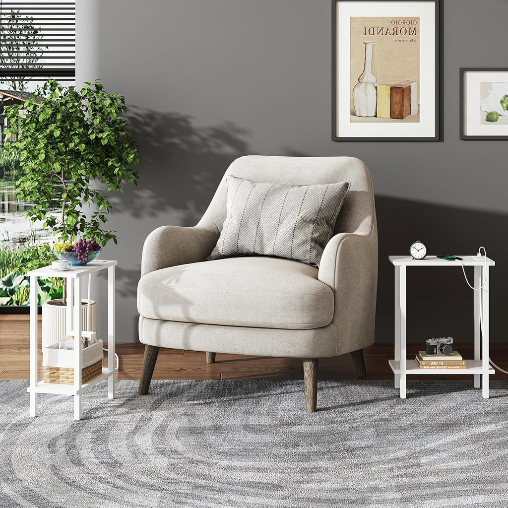 TUTOTAK Small End Table with Charging Station, Narrow Side Table with USB Ports and Outlets, Skinny Sofa Table, Slim Nightstand, Living Room, Bed Room, White TB01BW060