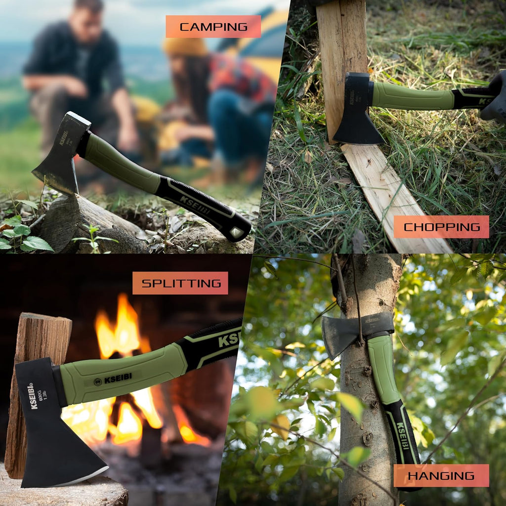 KSEIBI Hatchet with Sheath, Camping Axe for Splitting and Kindling Wood, Forged Steel Blade with Anti-Slip and Shock Reduction Handle Great Throwing Hatchets (Sausalito Green)