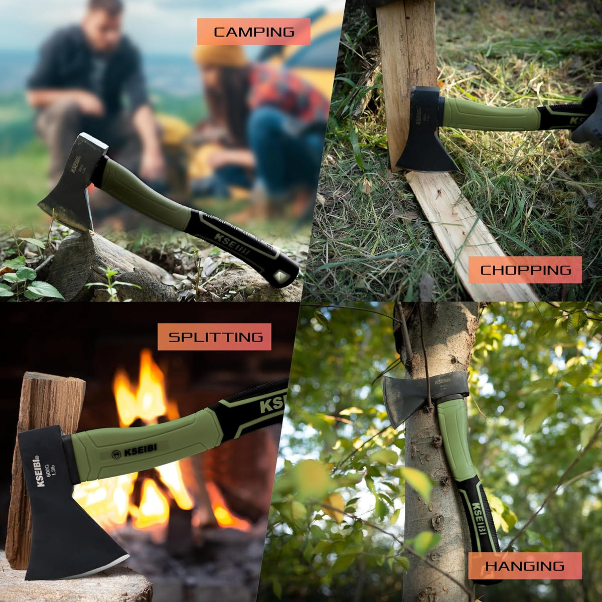 KSEIBI Hatchet with Sheath, Camping Axe for Splitting and Kindling Wood, Forged Steel Blade with Anti-Slip and Shock Reduction Handle Great Throwing Hatchets (Sausalito Green)