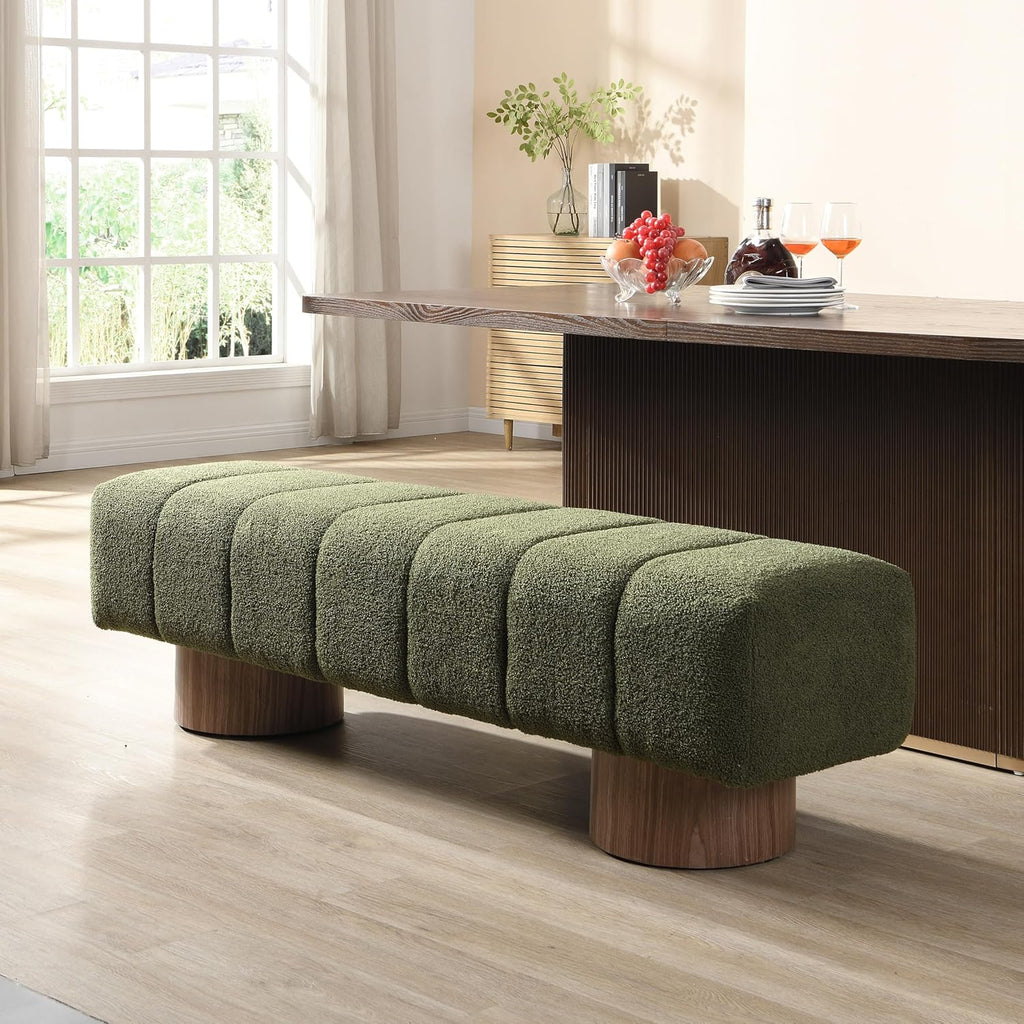 Upholstered Dining Bench, End of Bed Entryway Bench Ottoman for Bedroom Living Room, Dining Room, Green Boucle Fabric Stool Top Wood Leg, 300 LBS Weight Capacity, No-Assembly, Green