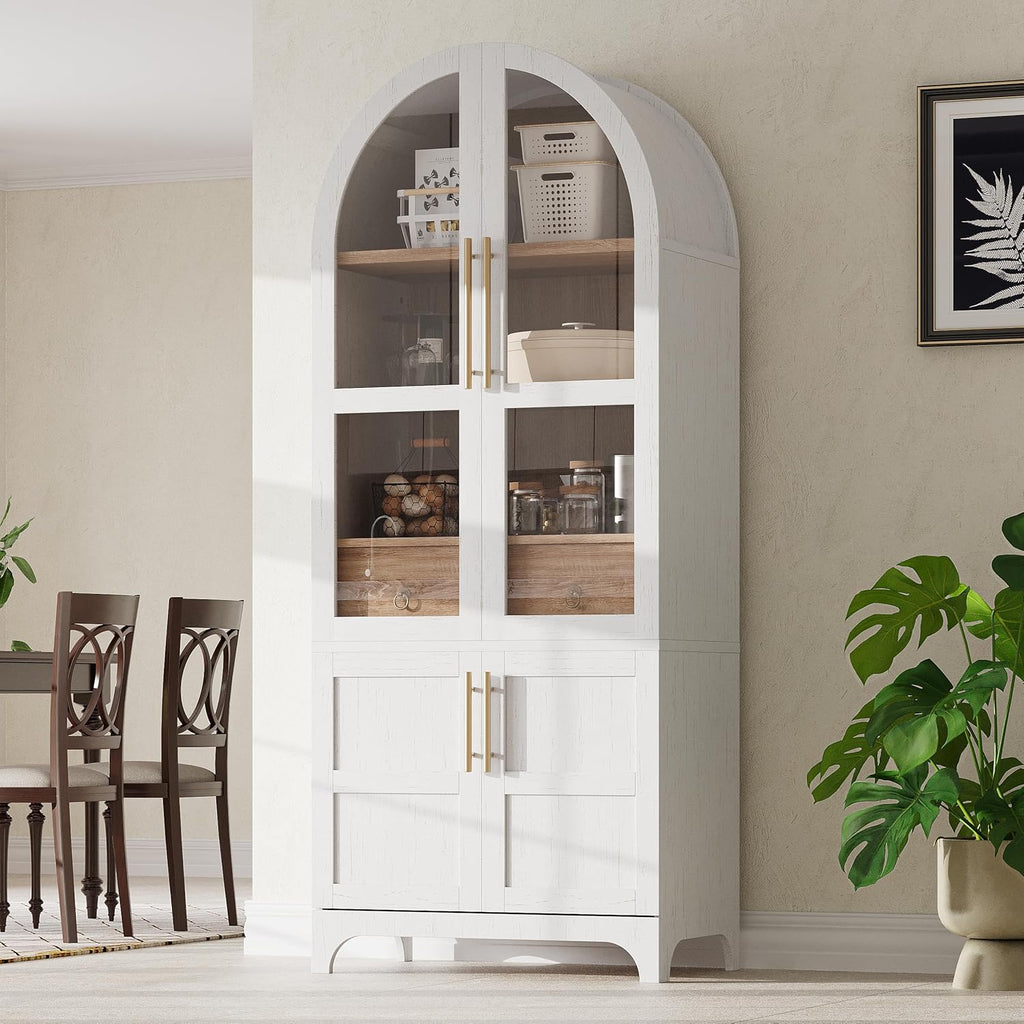 71" Tall Arched Farmhouse Pantry Cabinet with Adjustable Shelves & Glass Door, Spacious Storage Cabinet with Hidden Drawer & Door Racks for Kitchen, Dining Room, Living Room(White)