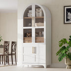71" Tall Arched Farmhouse Pantry Cabinet with Adjustable Shelves & Glass Door, Spacious Storage Cabinet with Hidden Drawer & Door Racks for Kitchen, Dining Room, Living Room(White)