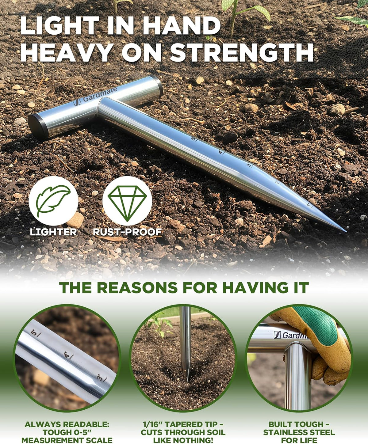 Stainless Steel Hand Dibber with Depth Markings & T-Handle, Rust-Resistant Bulb Planter Tool for Seeds, Seedlings & Bulbs – Ergonomic Design for Garden & Lawn