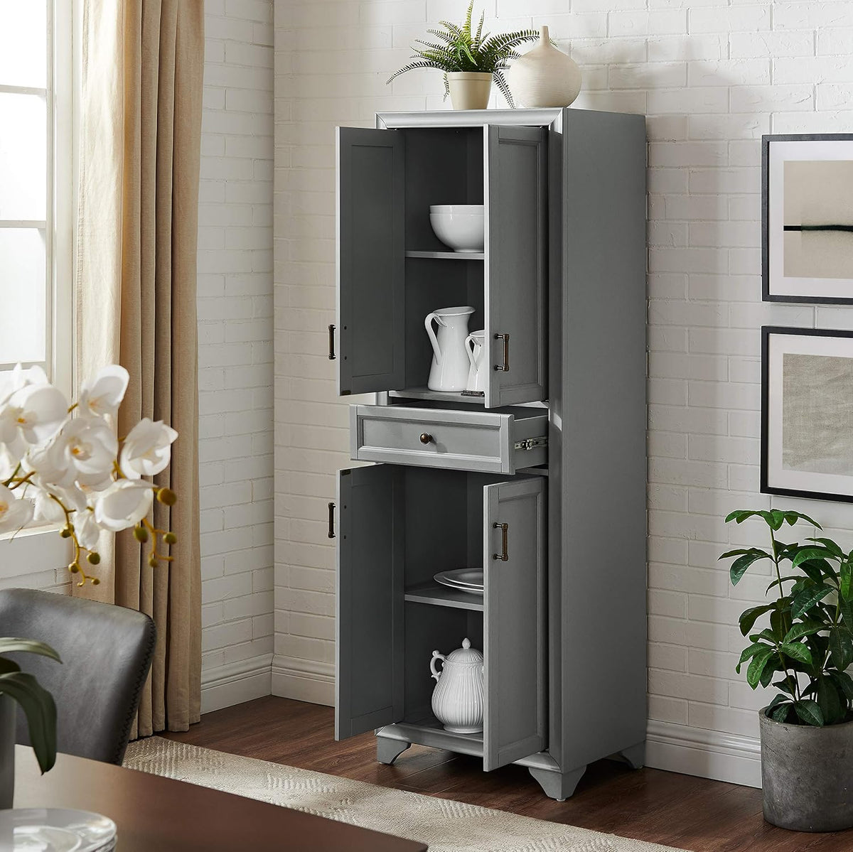 Crosley Furniture Tara Pantry Storage Cabinet with Shelves, Kitchen, Dining, or Laundry Room, Distressed Gray