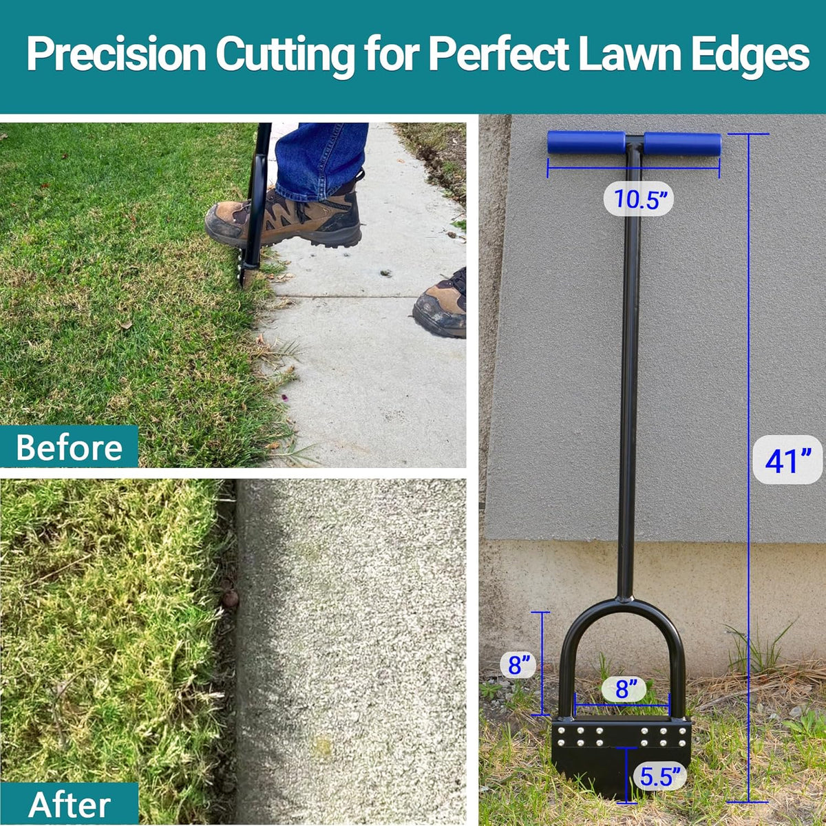 One-Piece 41in Manual Edger Lawn Tool with Spring Steel Blade Manganese Steel Border Edger for Landscaping Rustproof Half Moon Edger with Rubber Handle for Garden Maintenance