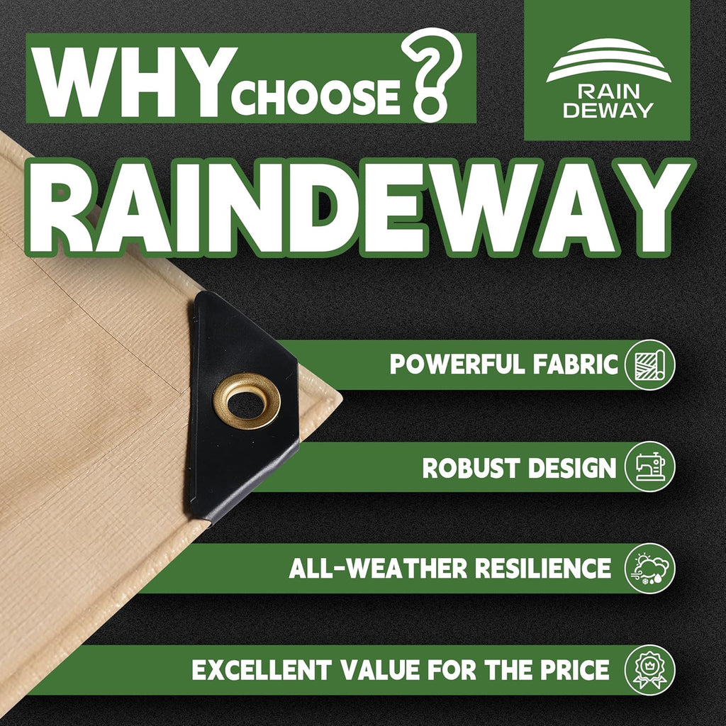 RAINDEWAY 12x24 Feet Heavy Duty Tarp,12 Mil Tan Waterproof Poly Tarp Cover,UV Resistant,Weatherproof,Durable,Multipurpose Tarps with Grommets and Reinforced Edges