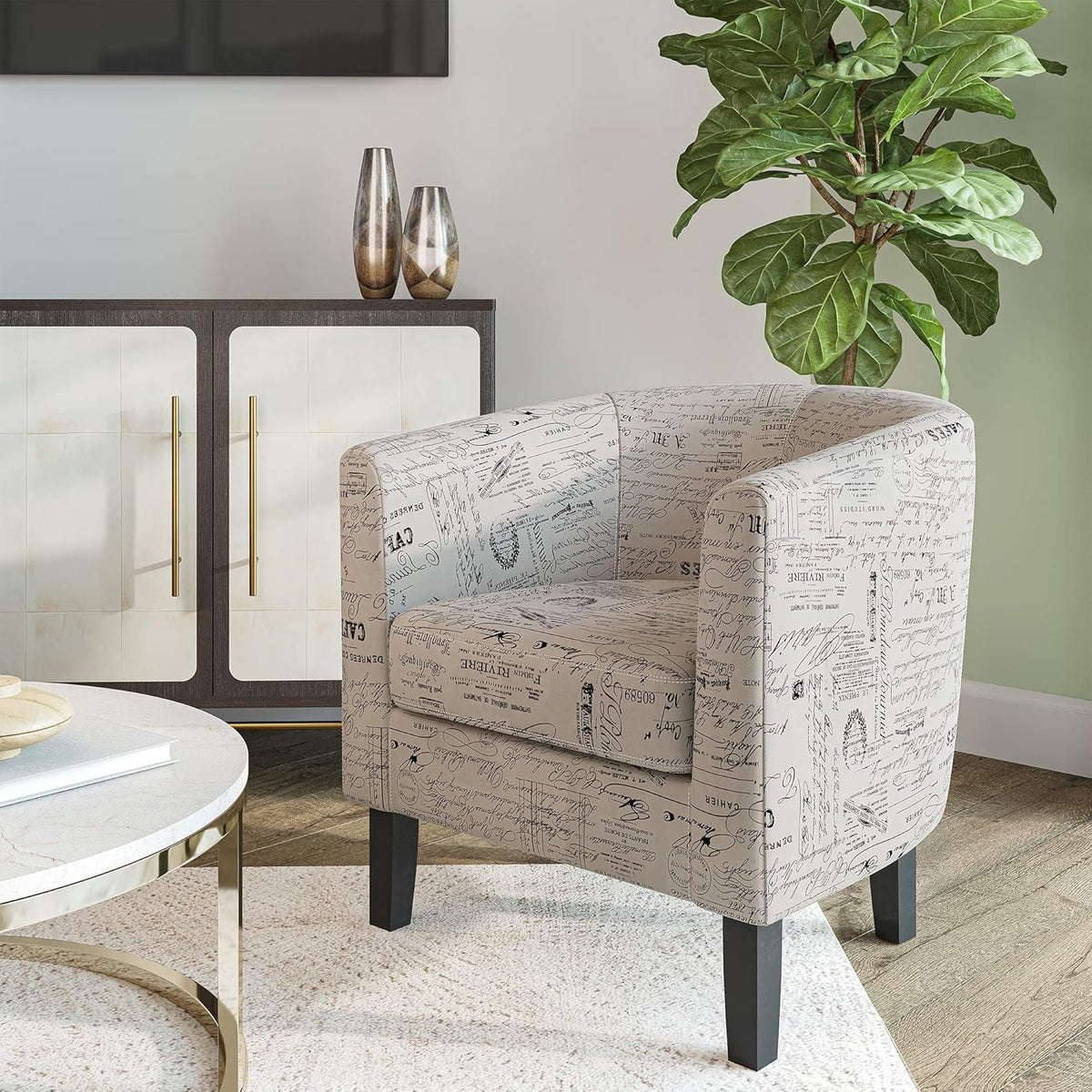 BELLEZE Accent Barrel Chair, Linen Round Chair Club Tub Sofa Corner Chair with Flared Legs and Cozy Soft Padding for Living Room Bedroom Waiting Room - Black & Beige