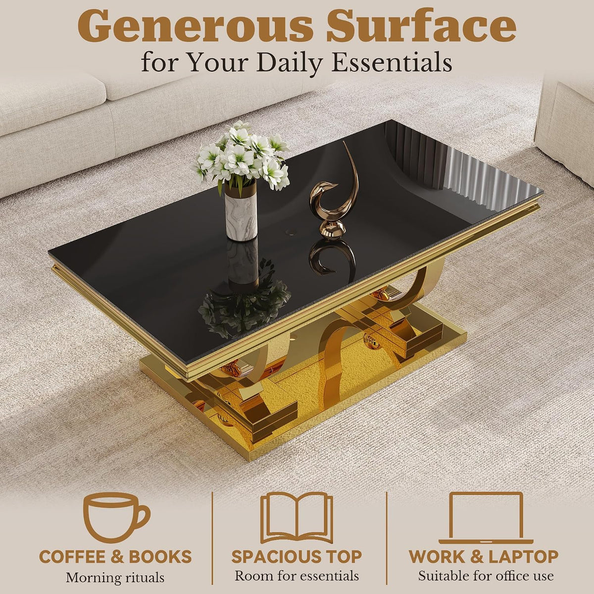 Coffee Table Set of 3, Coffee Table and 2 End Table, Gold/Black | Modern Living Room Table Set of 3, Tempered Glass Top, Stainless Steel Base with Mirror Finish, Easy to Clean & Assembly