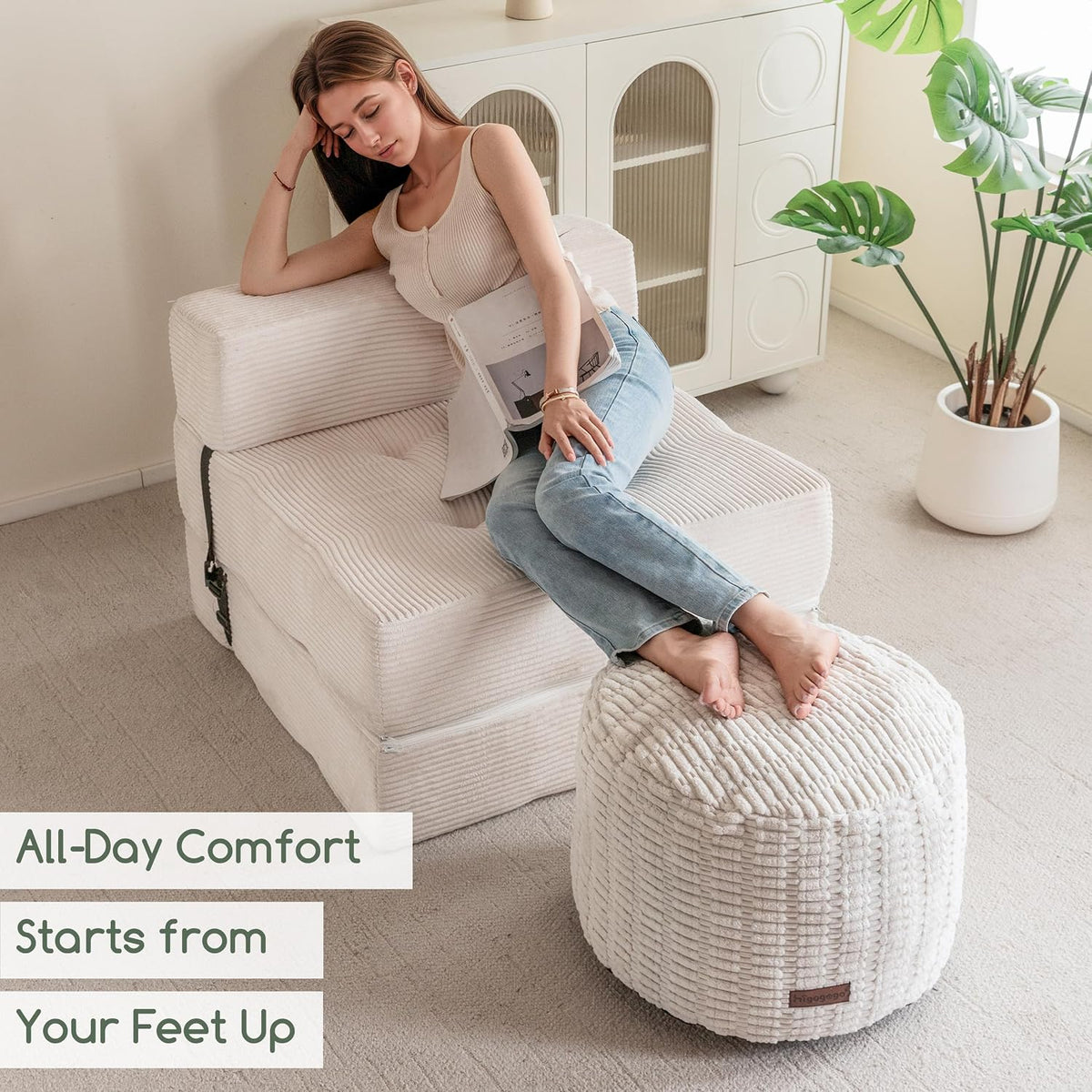 HIGOGOGO Pouf Ottoman Stuffed Round Modern Foam Filled Foot Rest Poufs for Living Room Chair Decorative 20 X 15 Inches Boho Relax Stool for Wedding Christmas Party, Beige