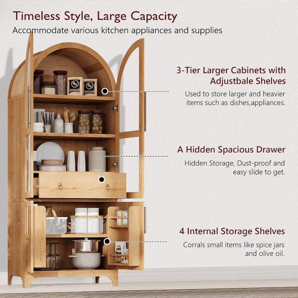 SOFTSEA Arched Kitchen Pantry Cabinet, with Hidden Drawer & Glass Door, 71" Tall Farmhouse Storage Cabinet with Open & Adjustable Shelves, Kitchen Hutch with Door Shelves for Living Room, Natural