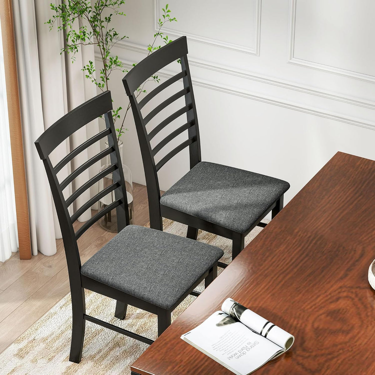 HOMCOM Wooden Dining Chairs Set of 2, Farmhouse Upholstered Kitchen Chairs with Rubber Wood Frame for Living Room, Dining Room, Black and Gray