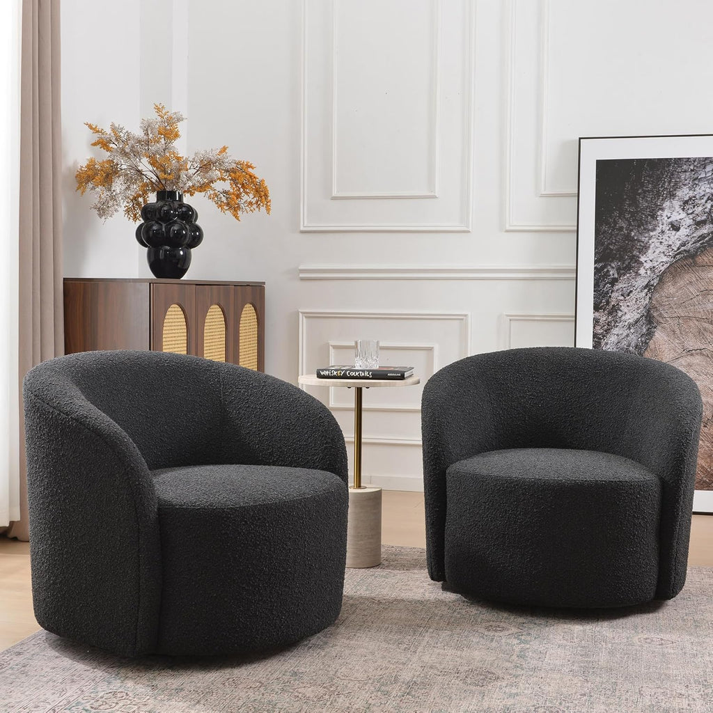 KINWELL 34" W Swivel Barrel Chair Set of 2, Mid Century Modern Round Upholstered Boucle Swivel Accent Chairs, No Assembly Sofa Chair for Living Room Bedroom Reading, Black