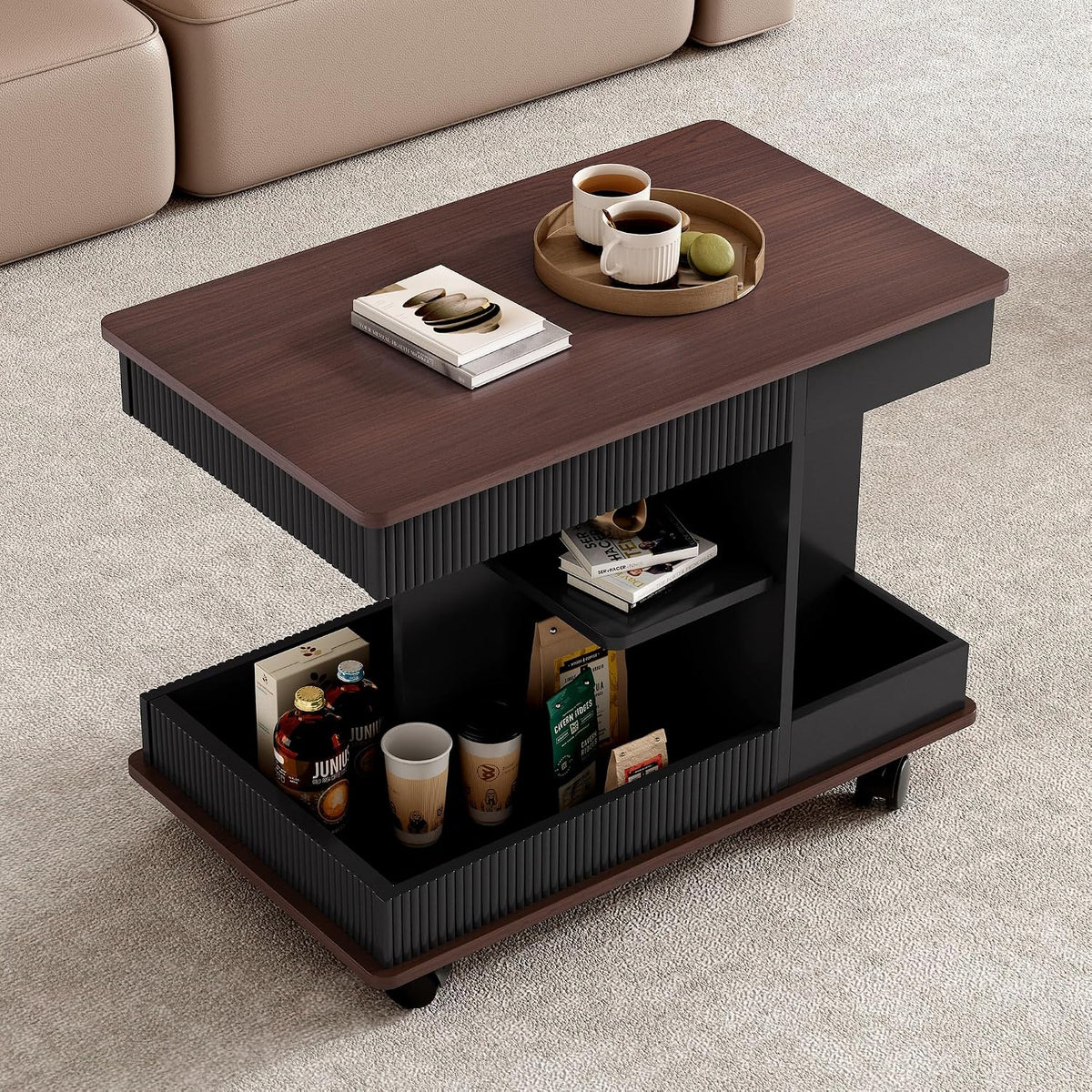 Adjustable Side Table with Wheels, 360° Rotating Lift-Top & Storage, Modern Bedside/Sofa Rolling Table for Small Spaces, Living Room Use, Black
