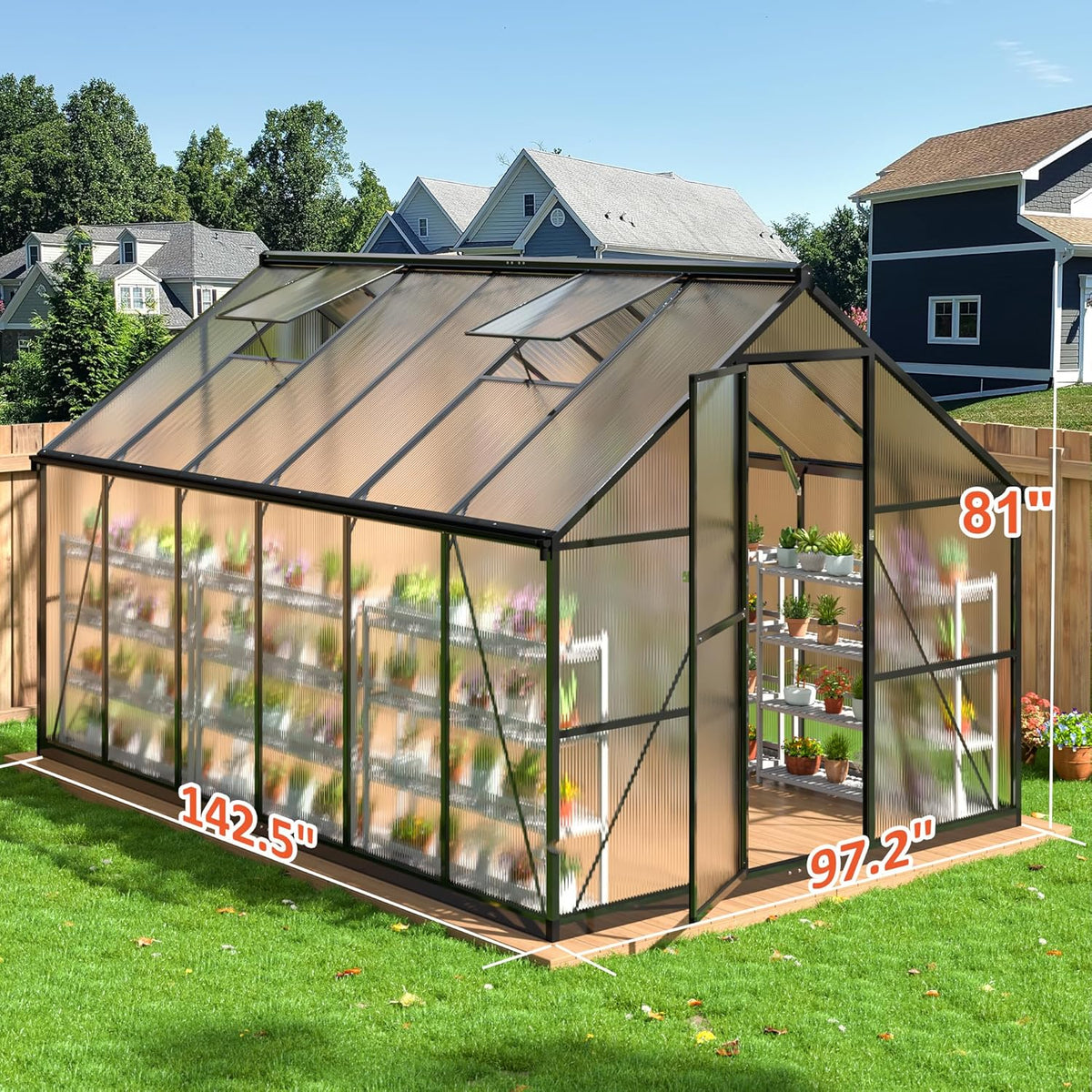 8×12 FT Greenhouse for Outdoors, Quick Setup Polycarbonate Greenhouse with Roof Vent, Walk in Green Houses for Outside for Outdoor Garden Backyard, Black