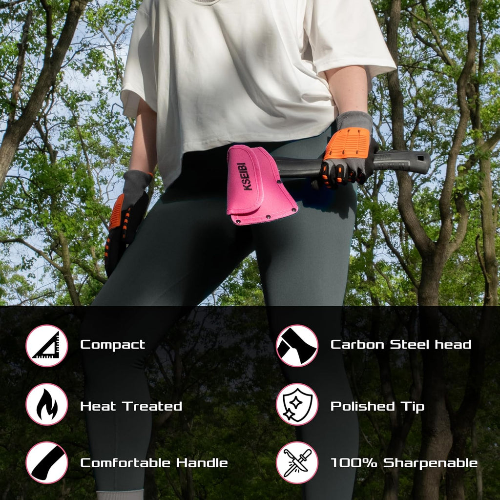 KSEIBI Hatchet with Sheath, Camping Axe for Splitting and Kindling Wood, Forged Steel Blade with Anti-Slip and Shock Reduction Handle Great Throwing Hatchets Pink